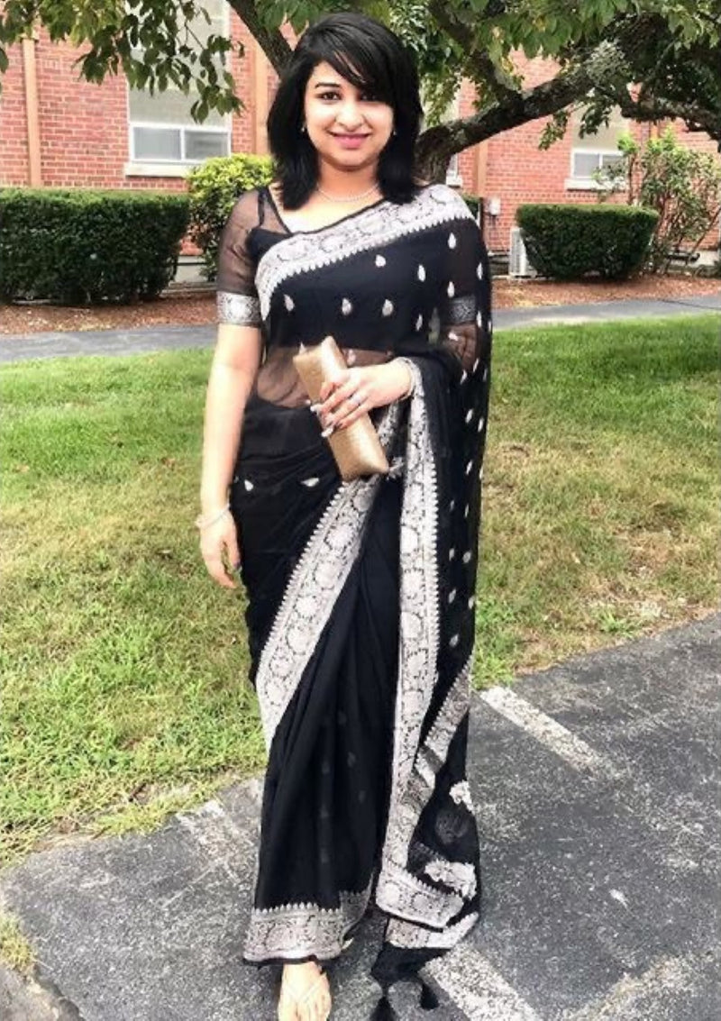 Black Linen saree with Silver Weaving