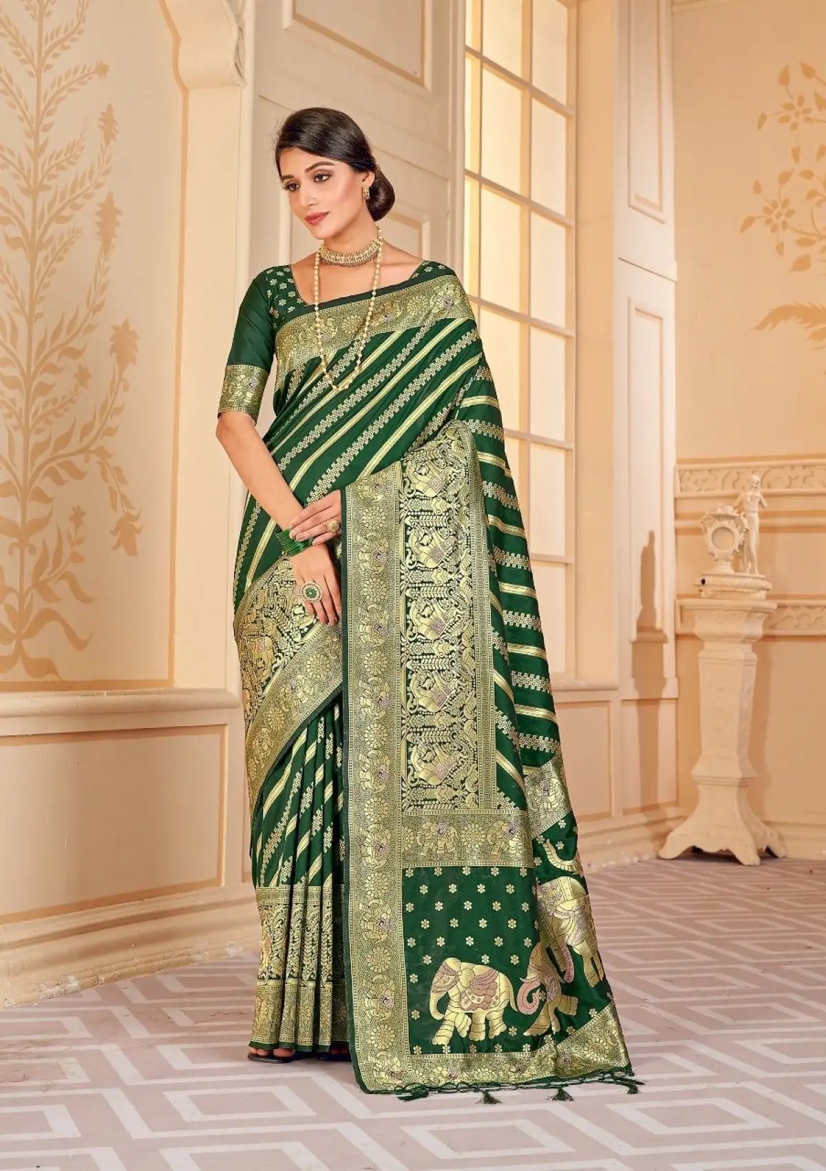 Bottle Green Zari Woven Pure Silk Saree