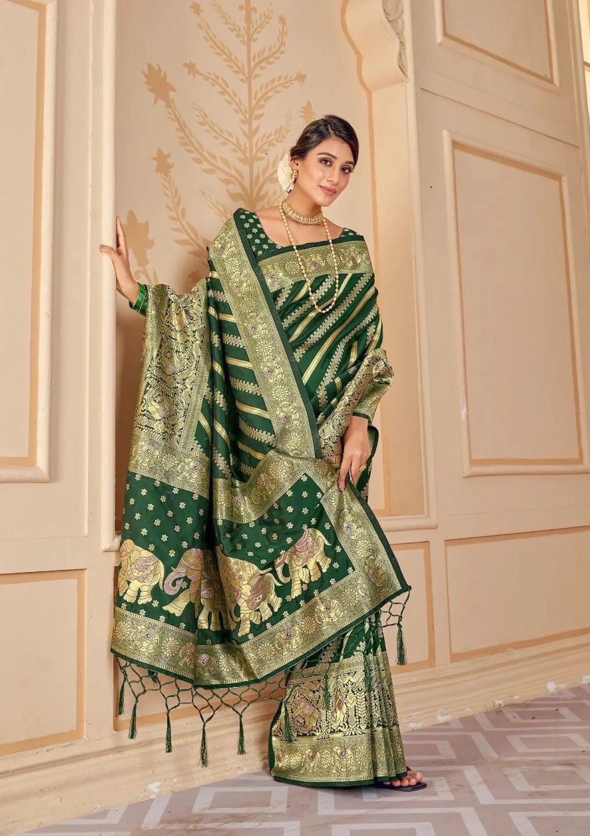 Bottle Green Zari Woven Pure Silk Saree