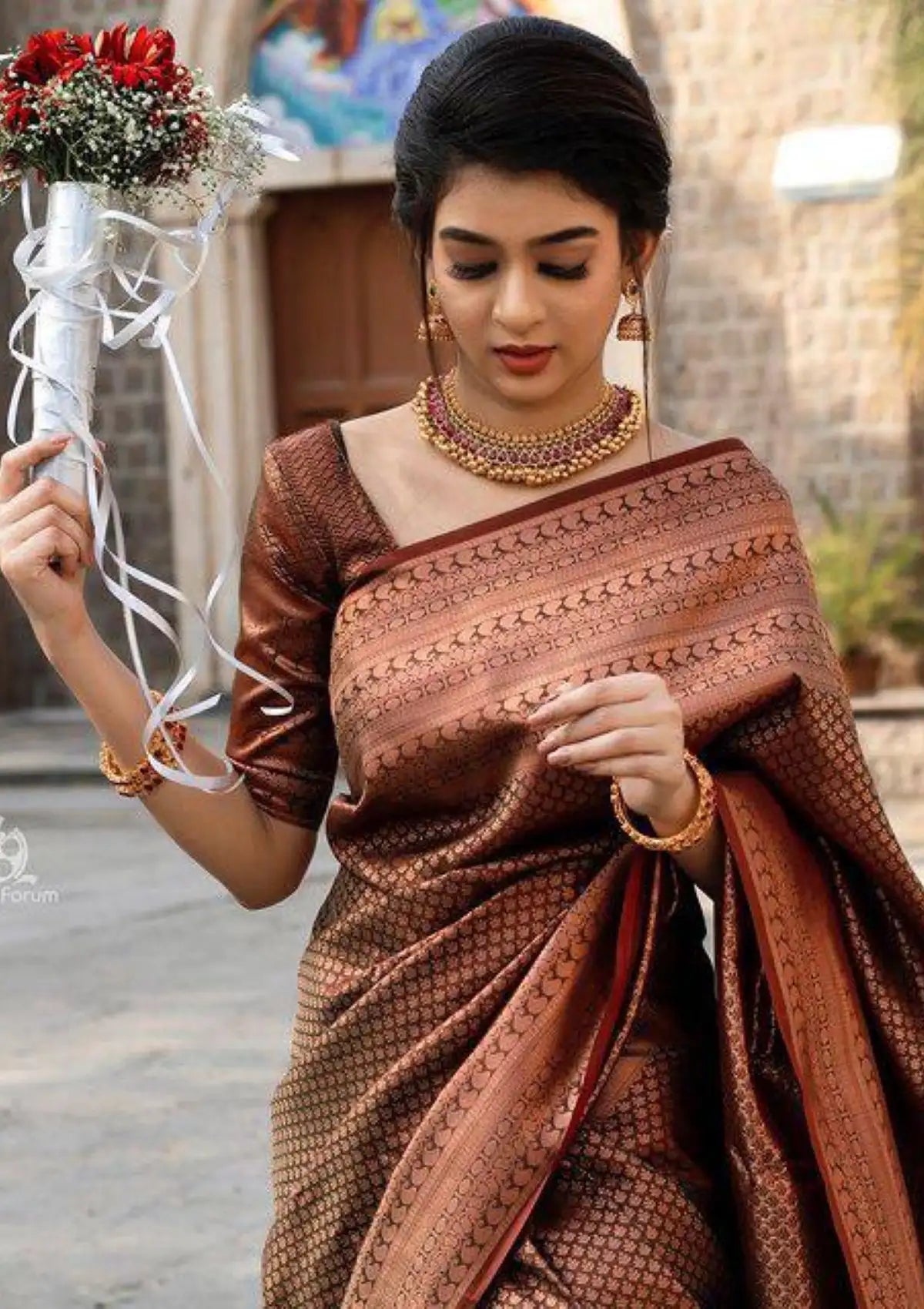 Coffee Banarasi Silk Copper Zari Woven Saree