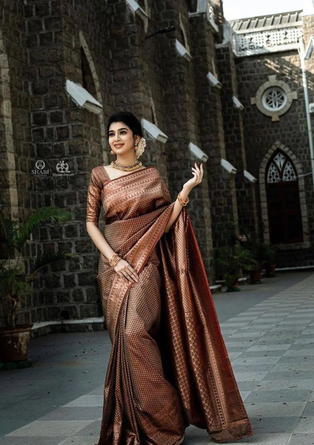 Coffee Banarasi Silk Copper Zari Woven Saree