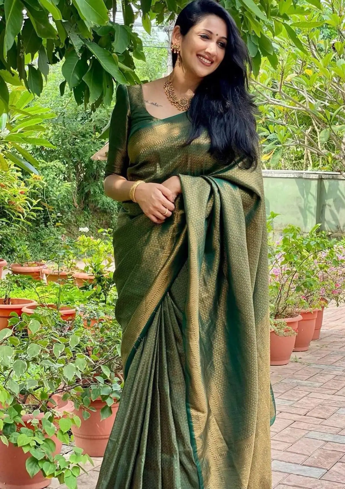 Dark Green Banarasi Copper Zari Work Saree