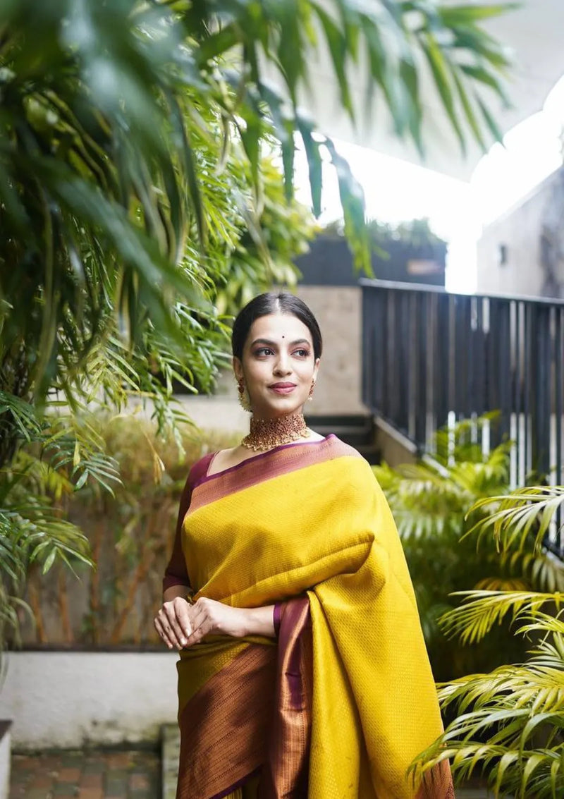 Function Wear Banarasi Silk Yellow Saree