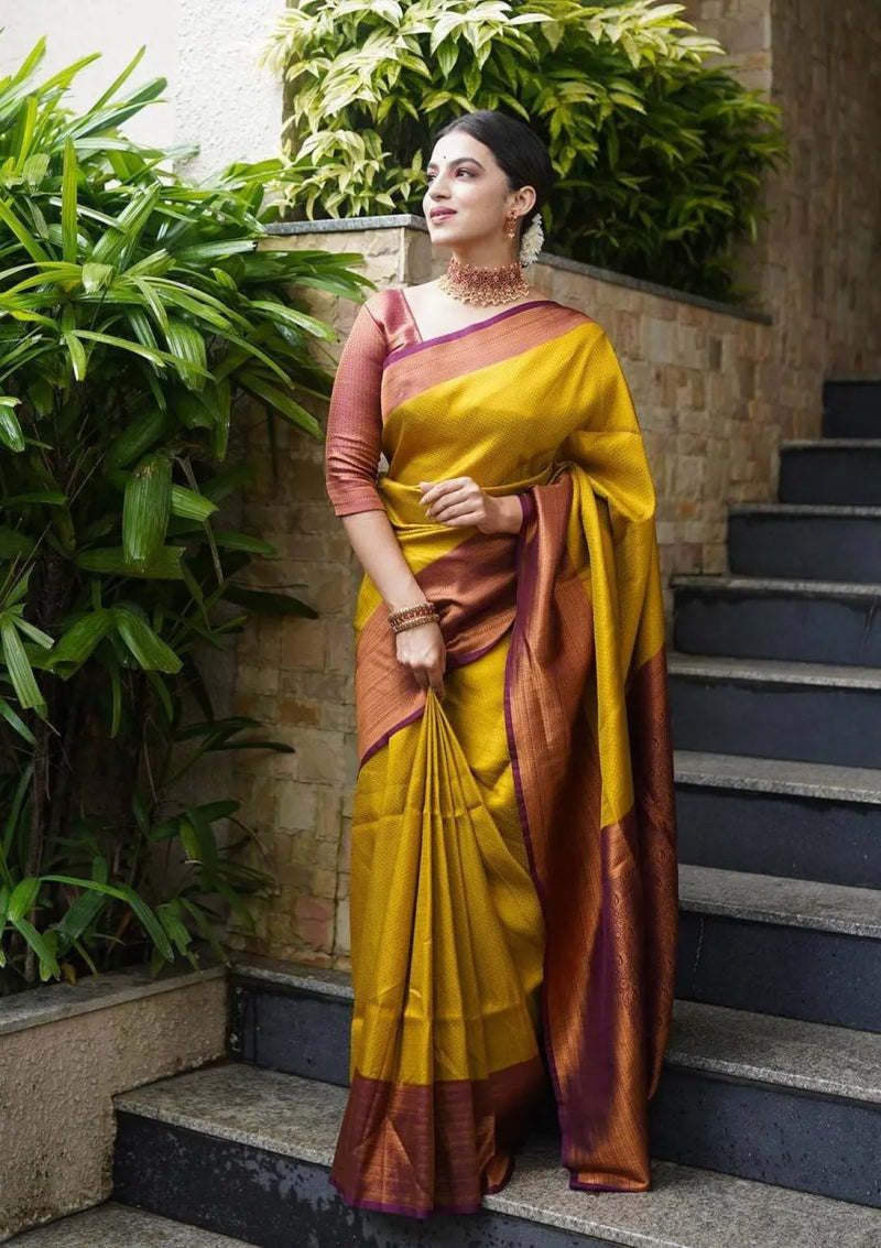 Function Wear Banarasi Silk Yellow Saree