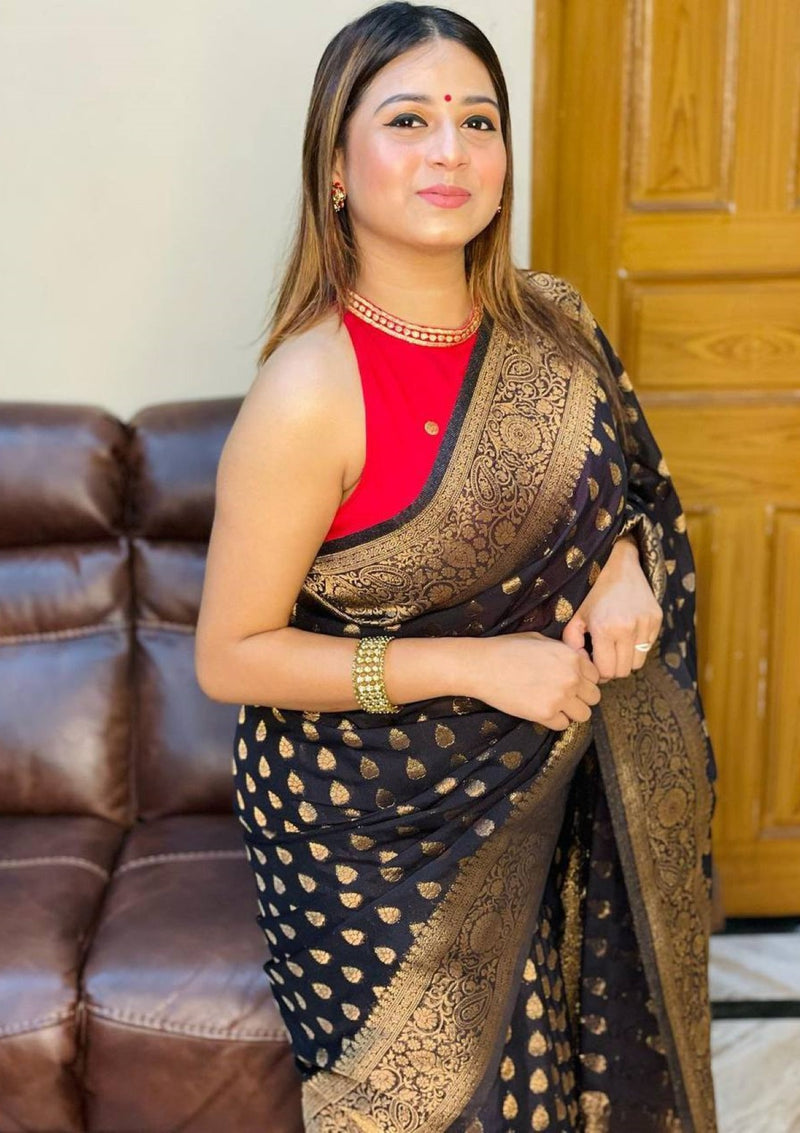 Gold Zari Woven Black Banarasi Silk Saree