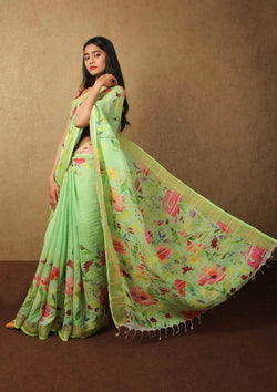 Green Floral Print Linen saree