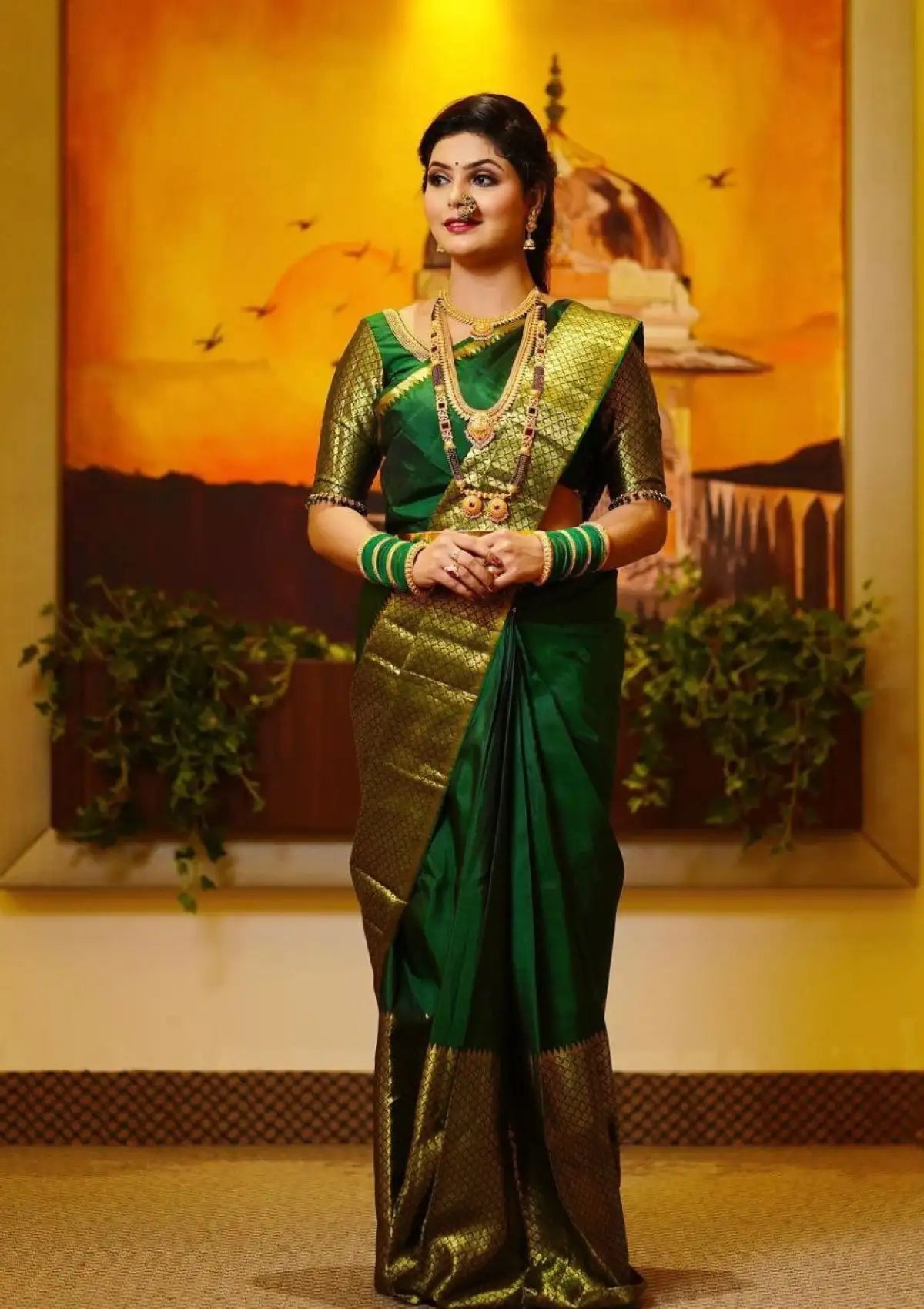 Green Plain with Gold Big Border Saree