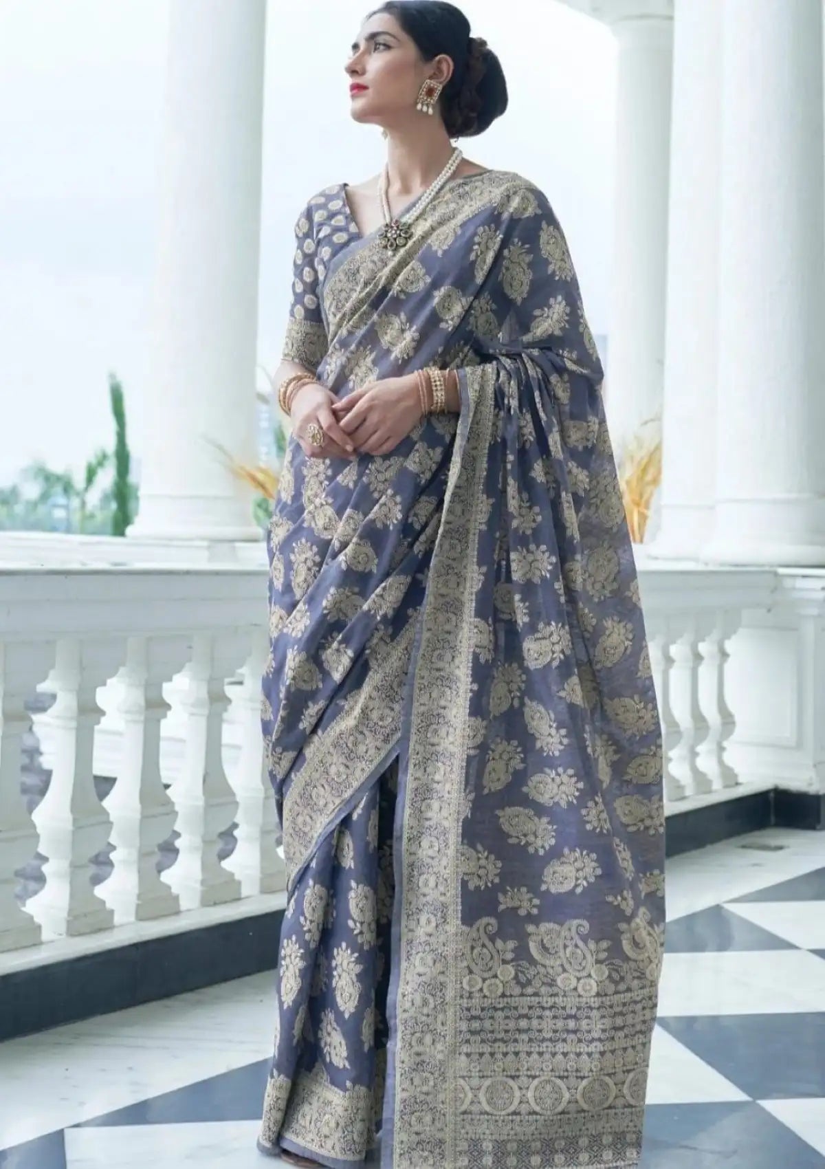 Grey Banarasi Cotton Chikankari Sarees