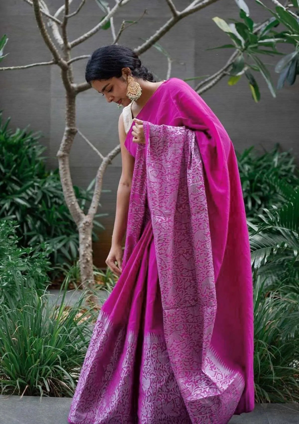 Hit Pink Saree with Silver Zari