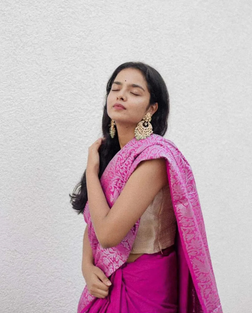 Hit Pink Saree with Silver Zari