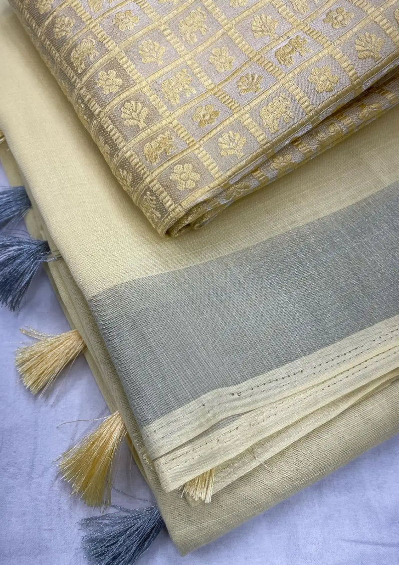 Linen saree with silver zari pattu border