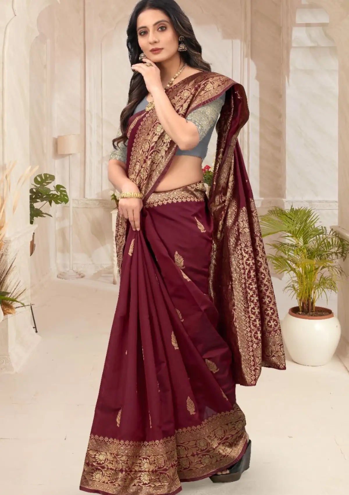 Maroon Ethnic Motifs Zari Silk Blend Saree