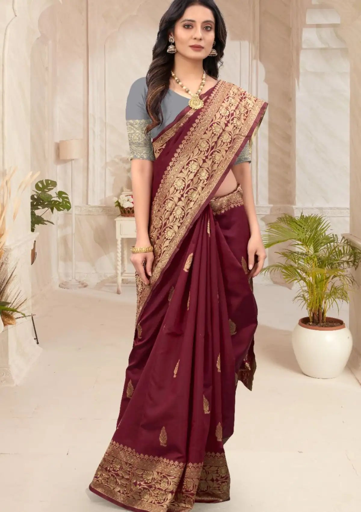 Maroon Ethnic Motifs Zari Silk Blend Saree