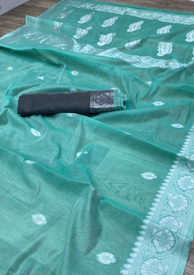 Mint Green Linen saree with Silver Weaving