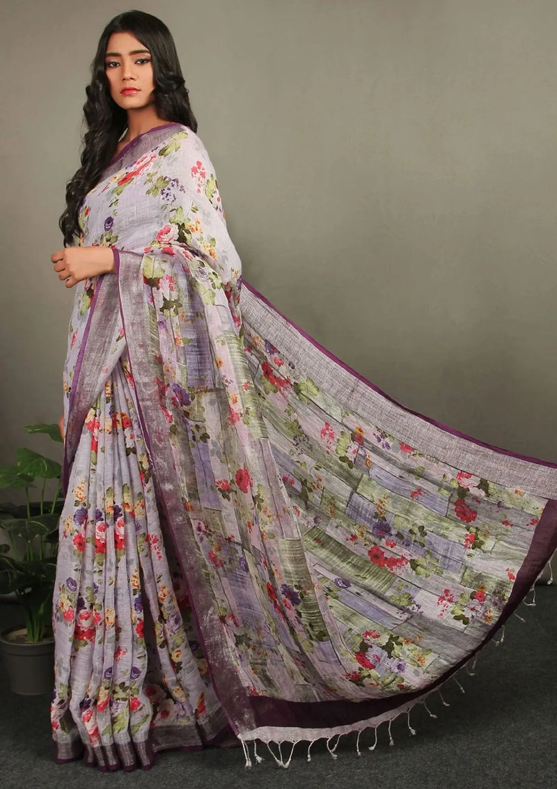 Multicolor Floral Print Linen saree