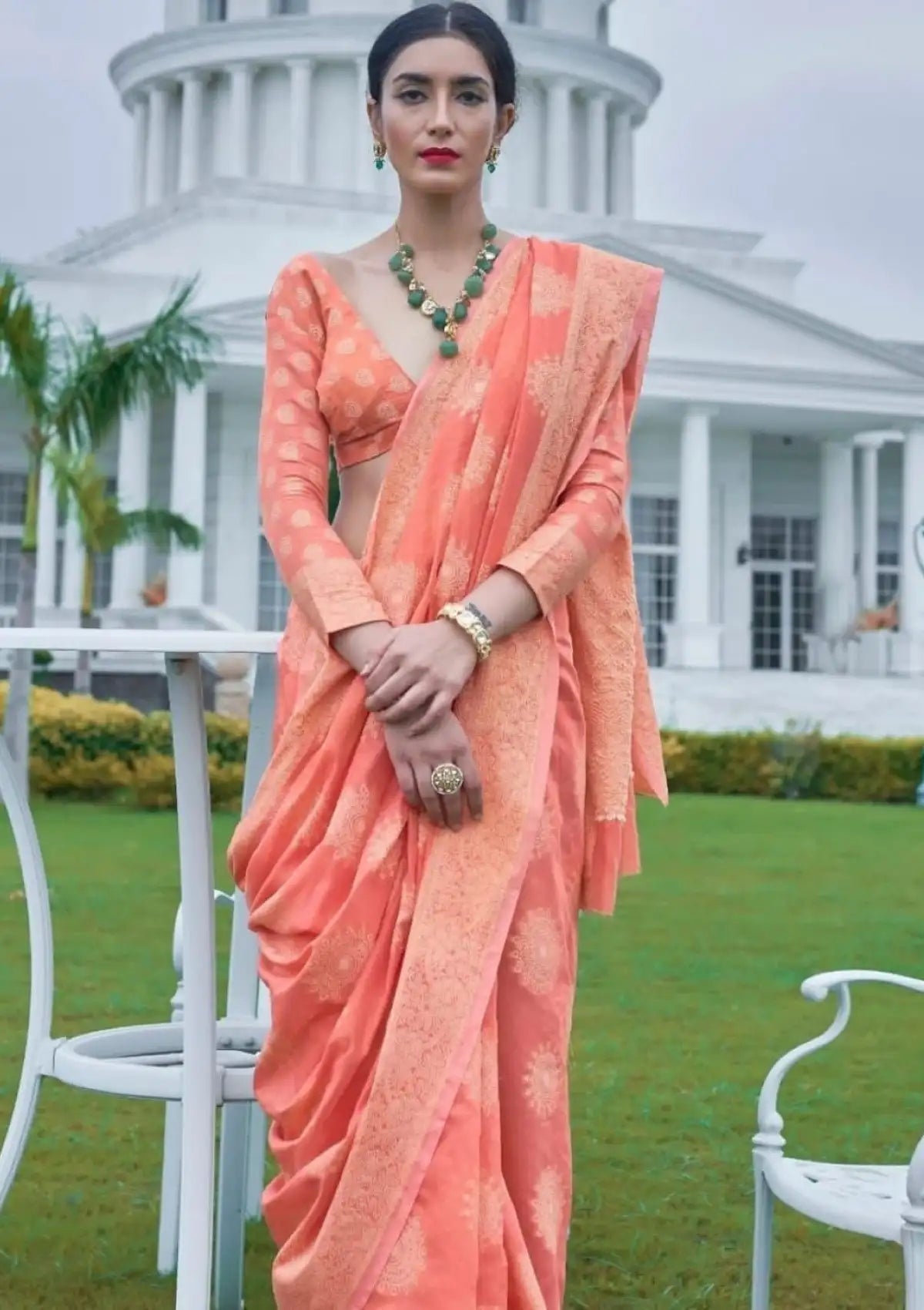 Orange Banarasi Cotton Chikankari Sarees