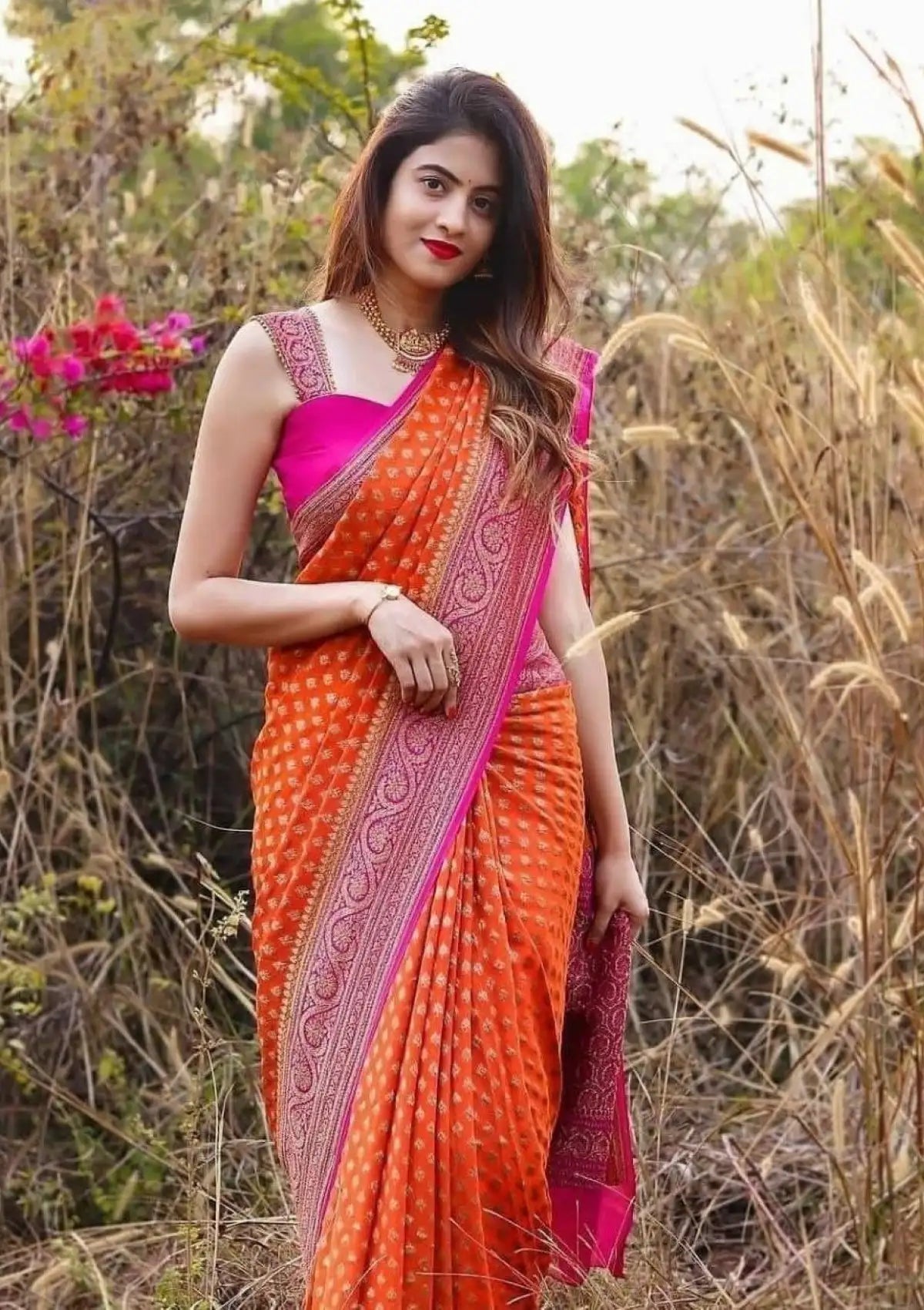 Orange Butti with Gold Saree