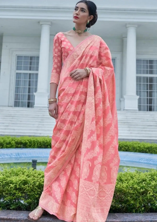 Pink Banarasi Cotton Chikankari Sarees
