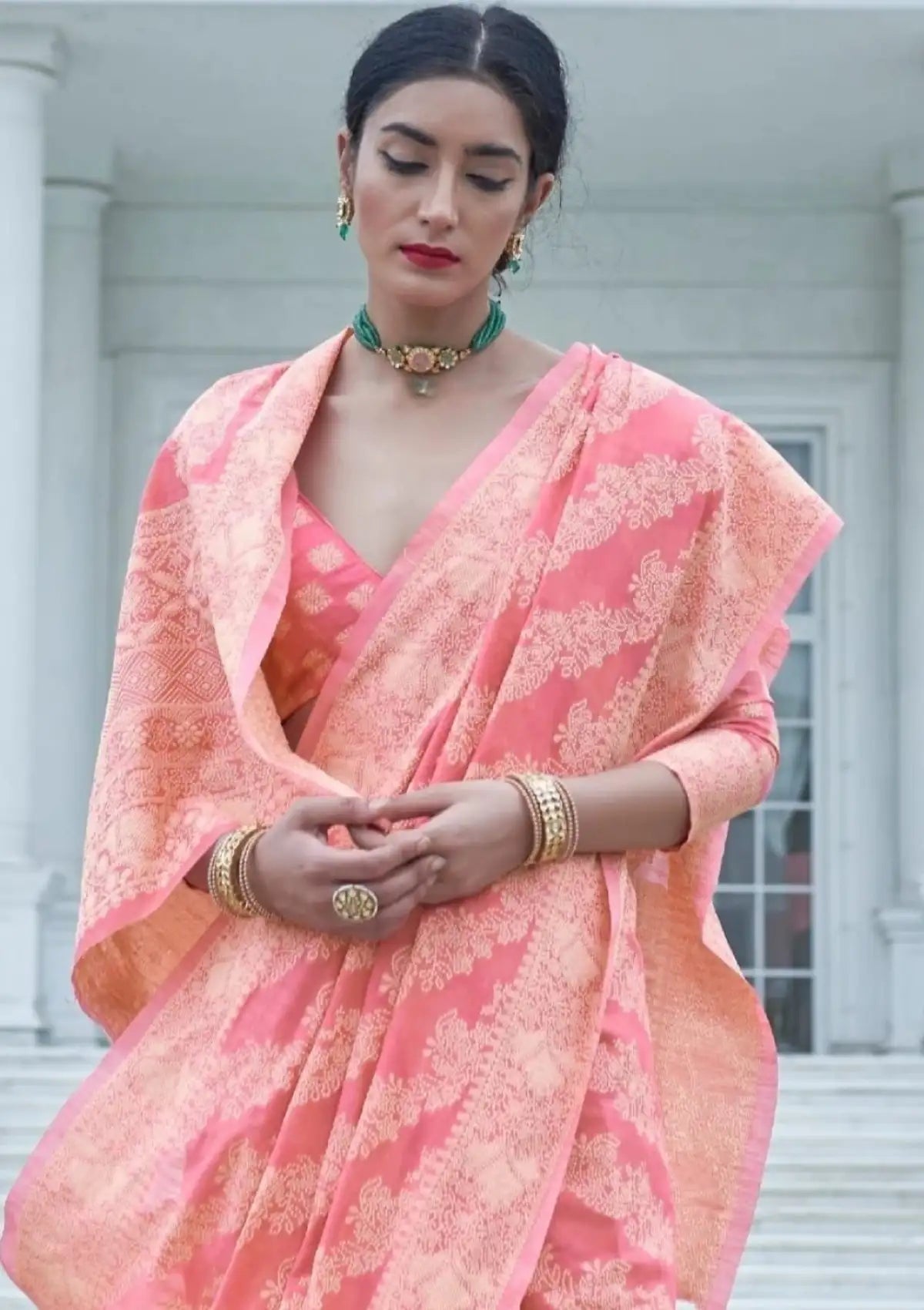 Pink Banarasi Cotton Chikankari Sarees