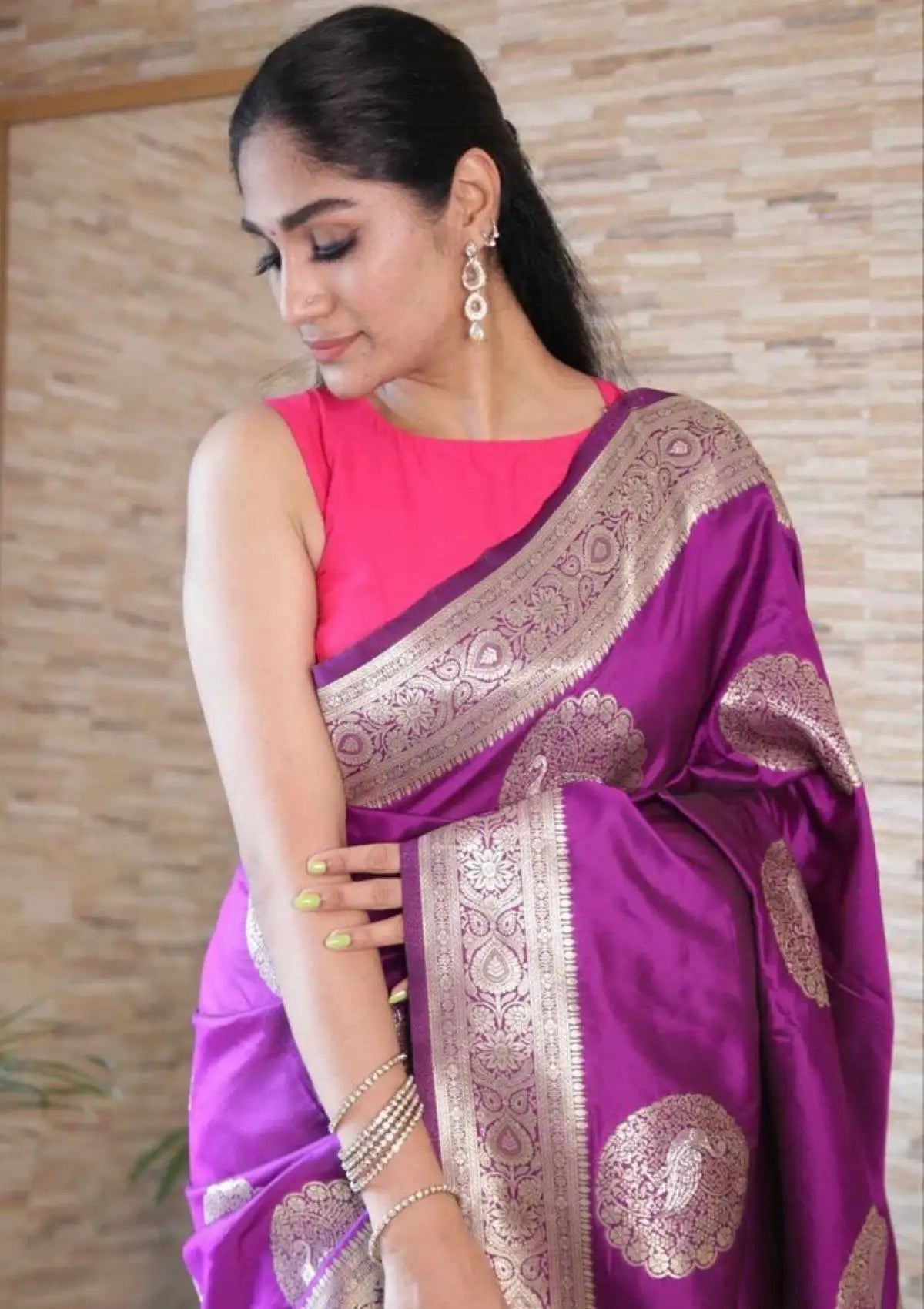 Purple Pure Silk Peacock Motif Saree