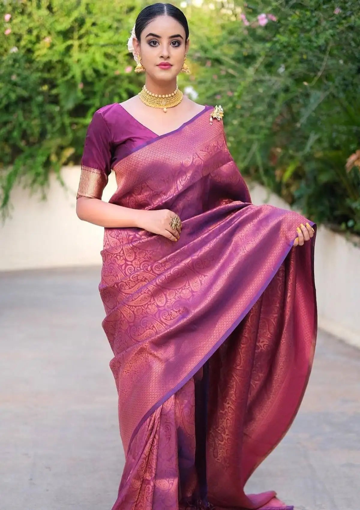 Purple banarasi silk saree with copper zari weaving work