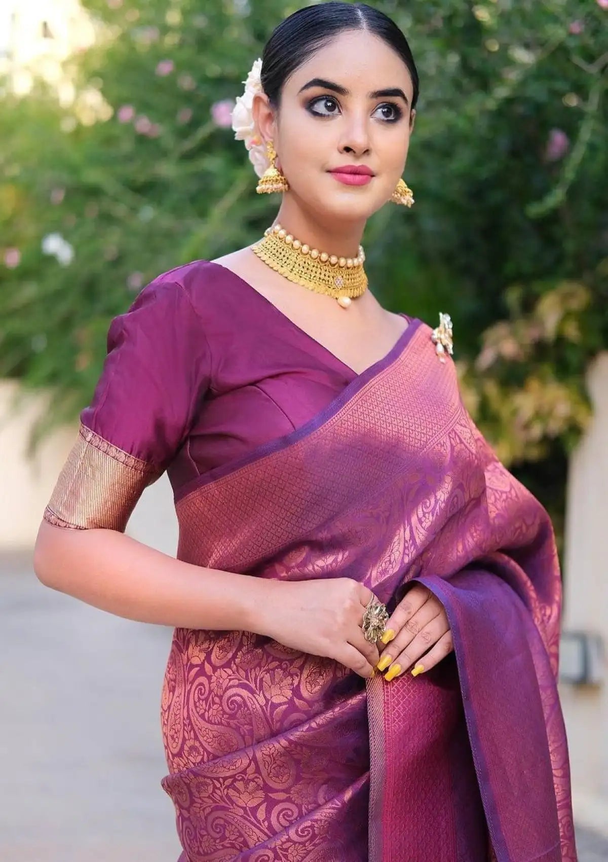 Purple banarasi silk saree with copper zari weaving work