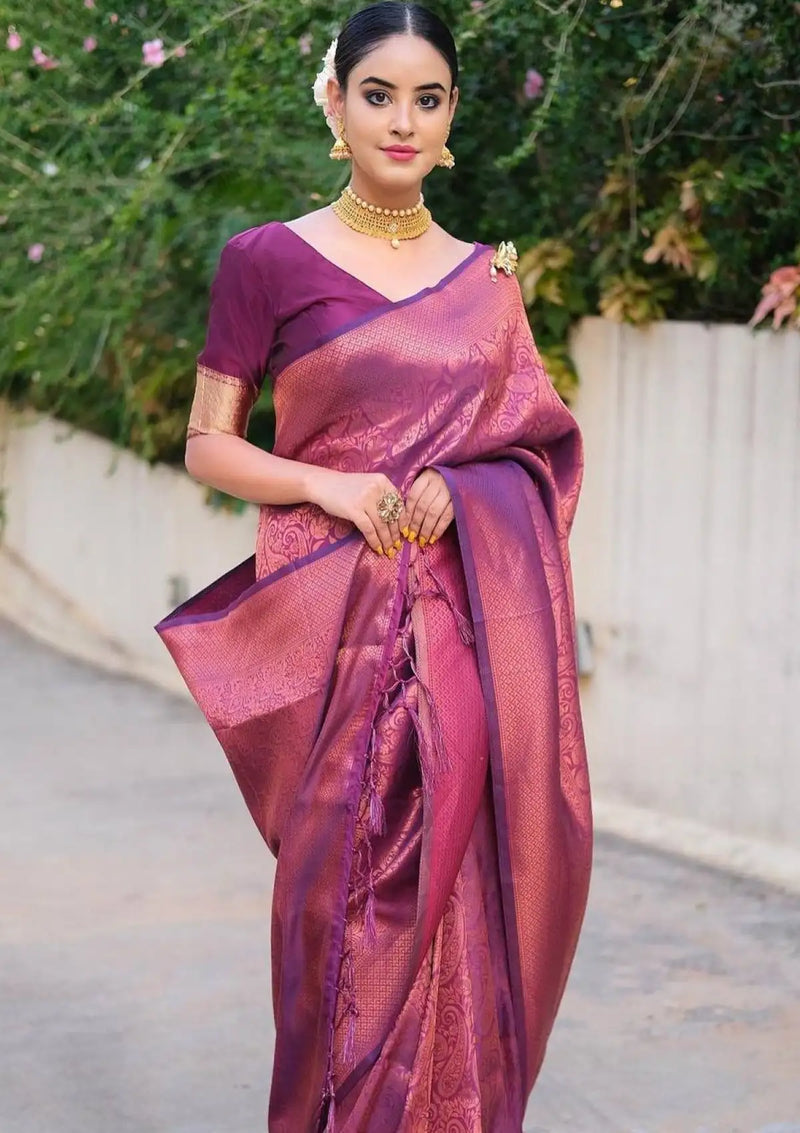 Purple banarasi silk saree with copper zari weaving work
