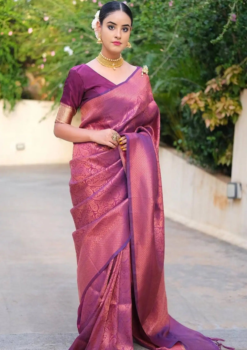 Purple Brocade Banarasi Soft Silk Saree With Copper Zari – StylebyPanaaash