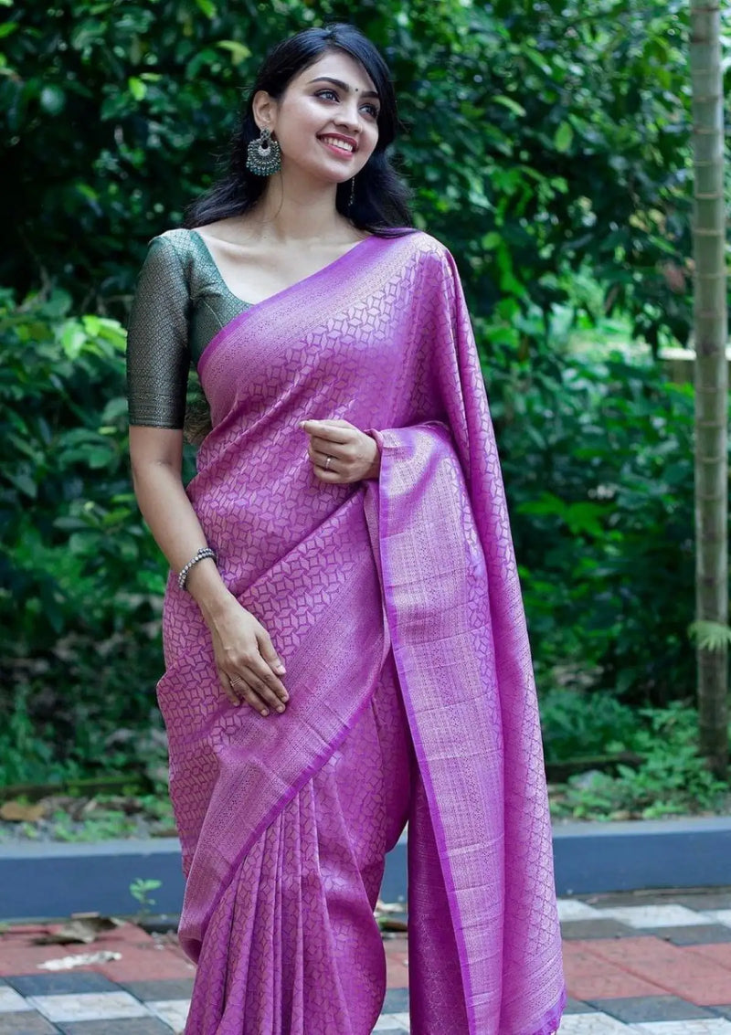 Purple with Green Blouse with Silver Zari Saree