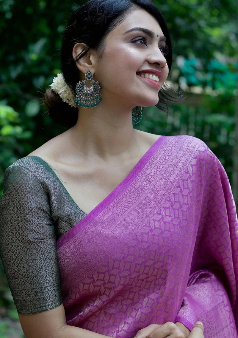 Purple Muggu design meenakari gadwal silk saree with two tone border /