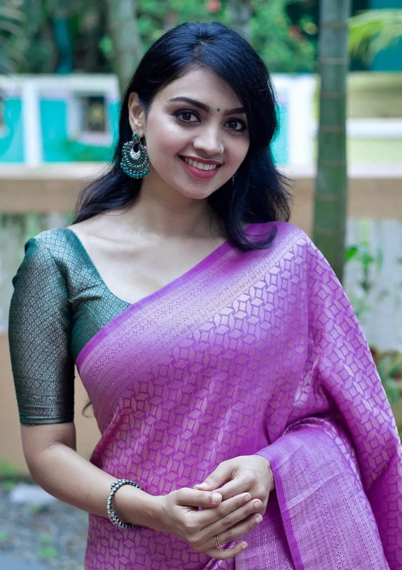 Purple with Green Blouse with Silver Zari Saree