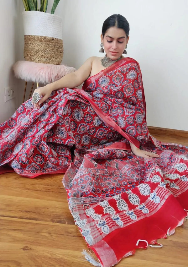Red Ajrakh Print Linen saree