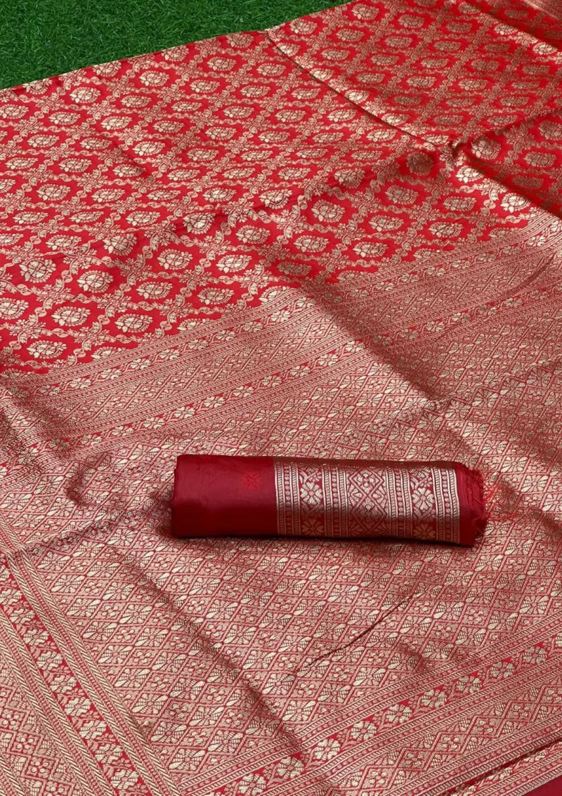 Red Banarasi Silk Gold Zari Woven Saree