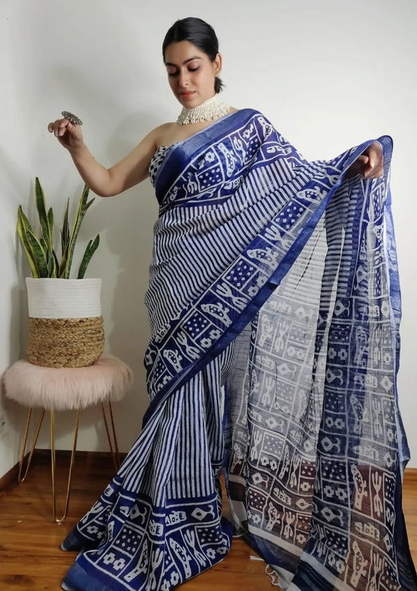 Royal Blue Lining Print Linen saree