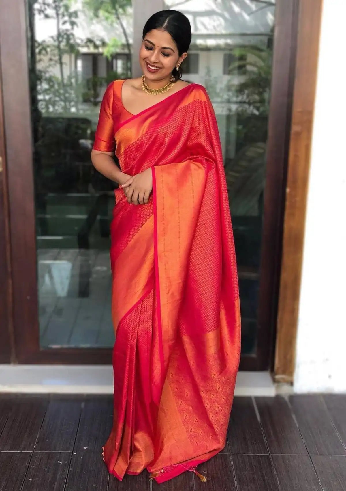 Tomato Red Gold-Toned Zari Banarasi Saree