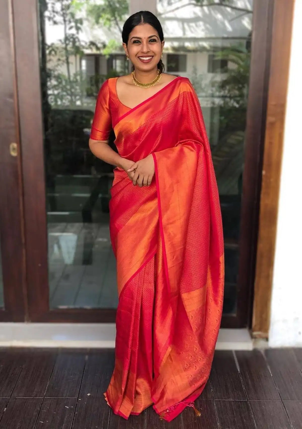 Tomato Red Gold-Toned Zari Banarasi Saree