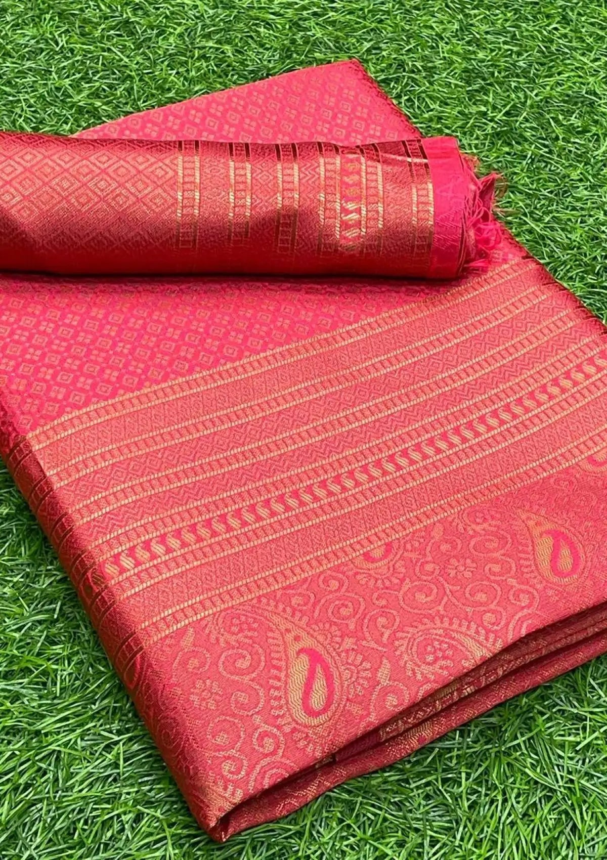 Tomato Red Gold-Toned Zari Banarasi Saree