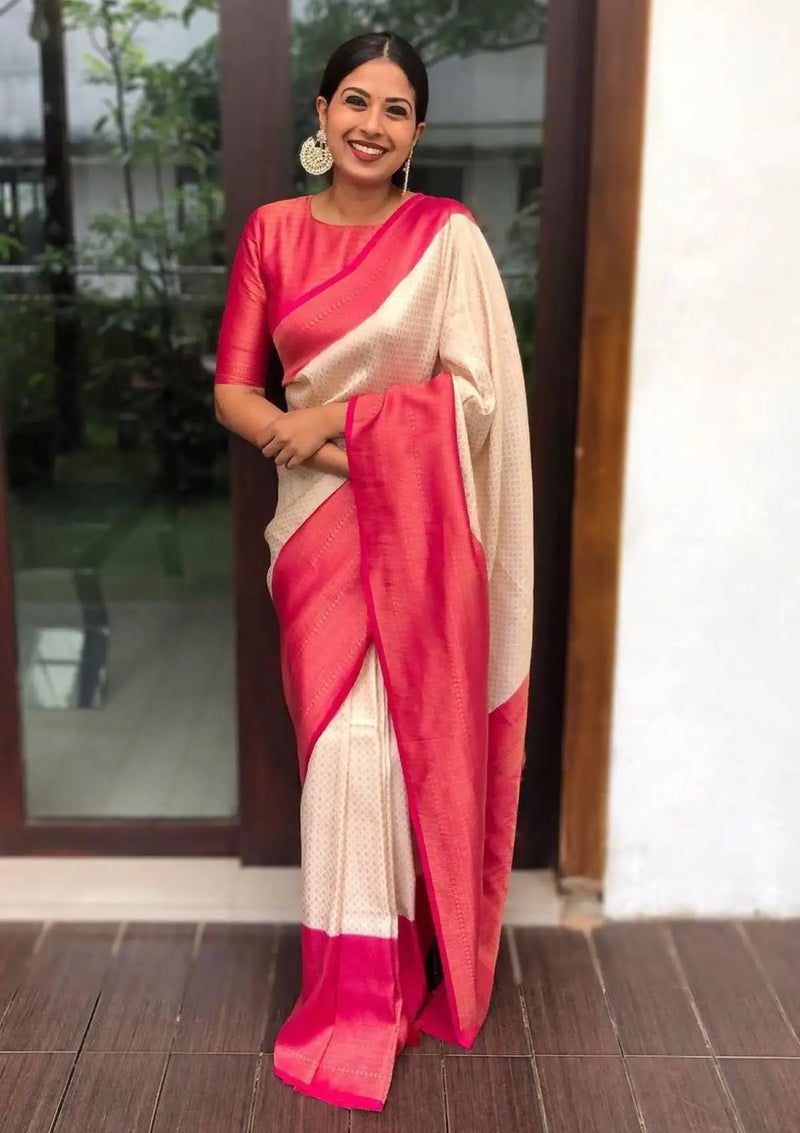 White Kanchivaram Silk Saree with Red Jacquard Border and Blouse for  Wedding | Blouses for women, Set saree, Silk sarees