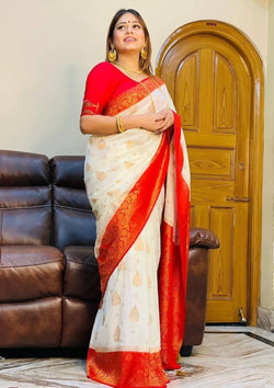 White Durga pooja Saree With Copper Weaving