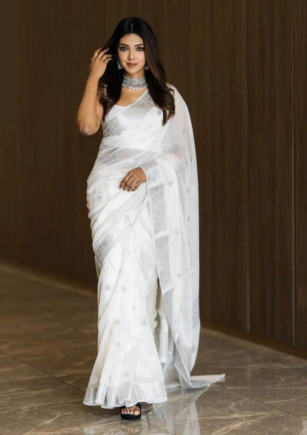 White Linen saree with Silver Weaving