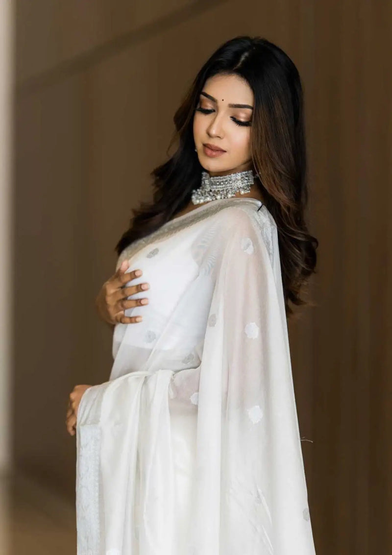 White Linen saree with Silver Weaving