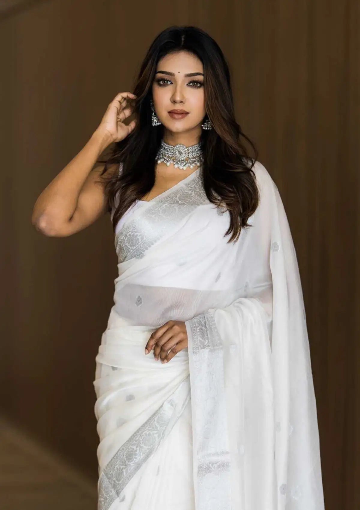 White Linen saree with Silver Weaving