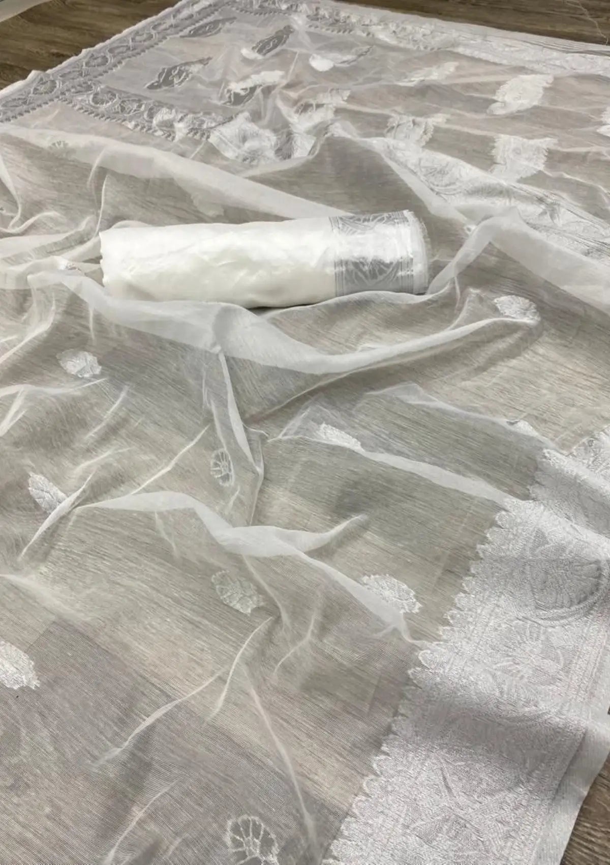 White Linen saree with Silver Weaving