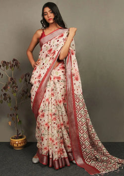 White Red Floral Print Linen saree
