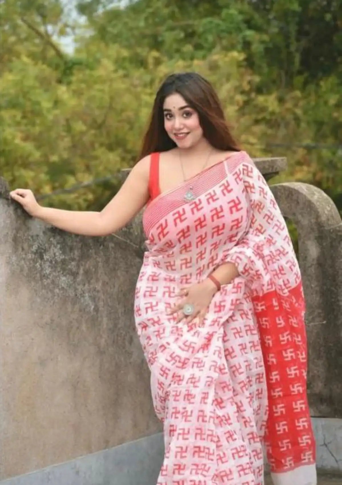 White Swastik Print Linen saree