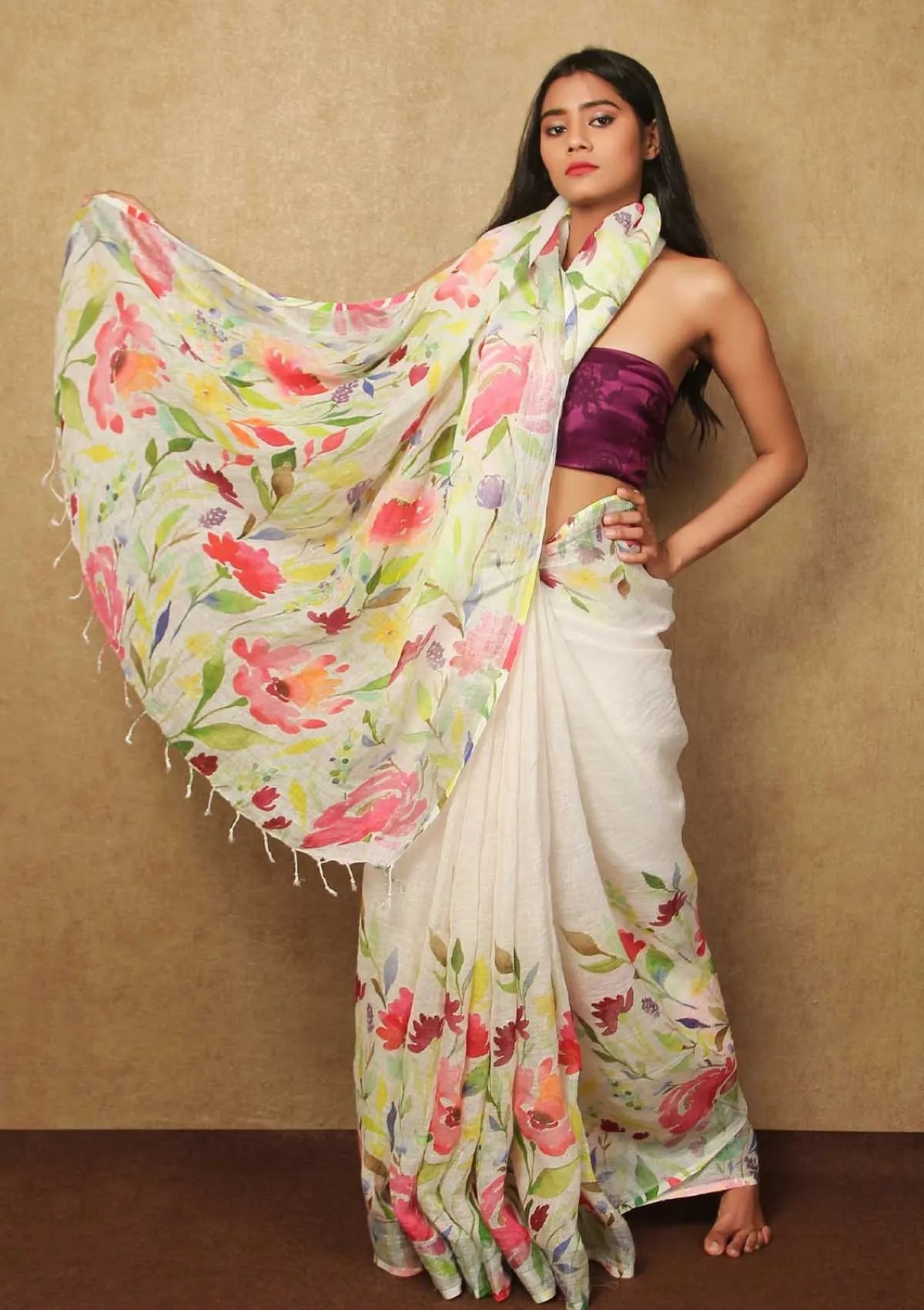 White Wine Floral Print Linen saree