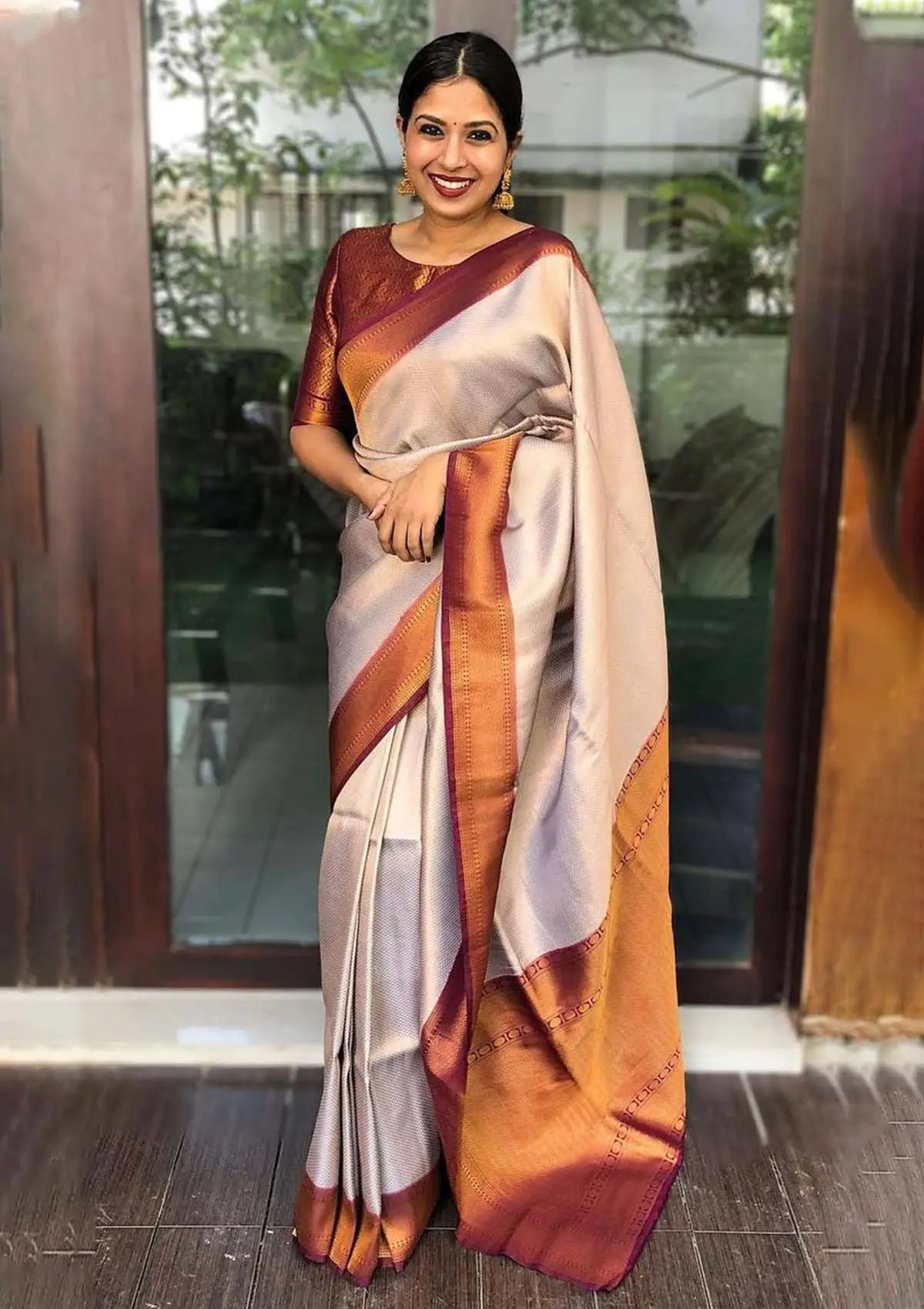 White with Maroon Border Copper Silk Saree