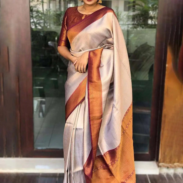 White with Maroon Border Copper Silk Saree casualsaree