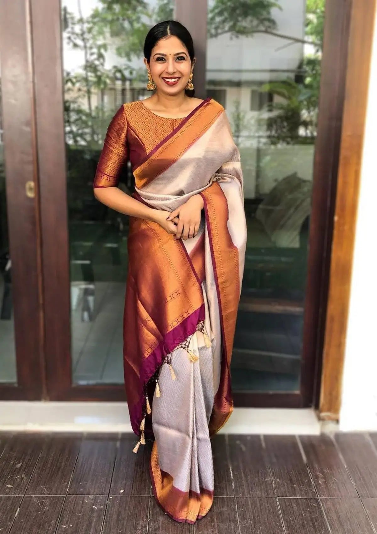 White with Maroon Border Copper Silk Saree