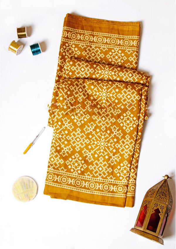 Yellow Ajrakh Silk Mill Print Saree